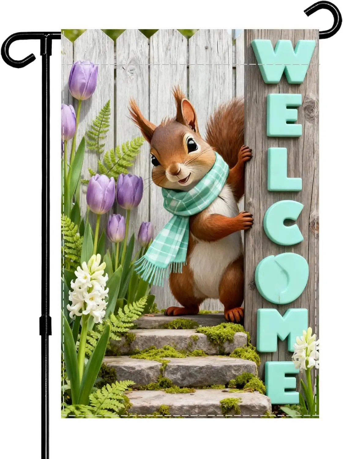 Spring Garden Welcome Flag with 12x18 inch ，Squirrel Design, Decorative Outdoor Double-Sided Banner with Purple Tulips and M ZZM
