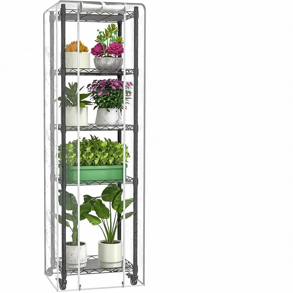 

Portable 5-Tier Greenhouse, Clear PVC Cover, Metal Shelves, Growing Vegetables, Seedlings, Wheels
