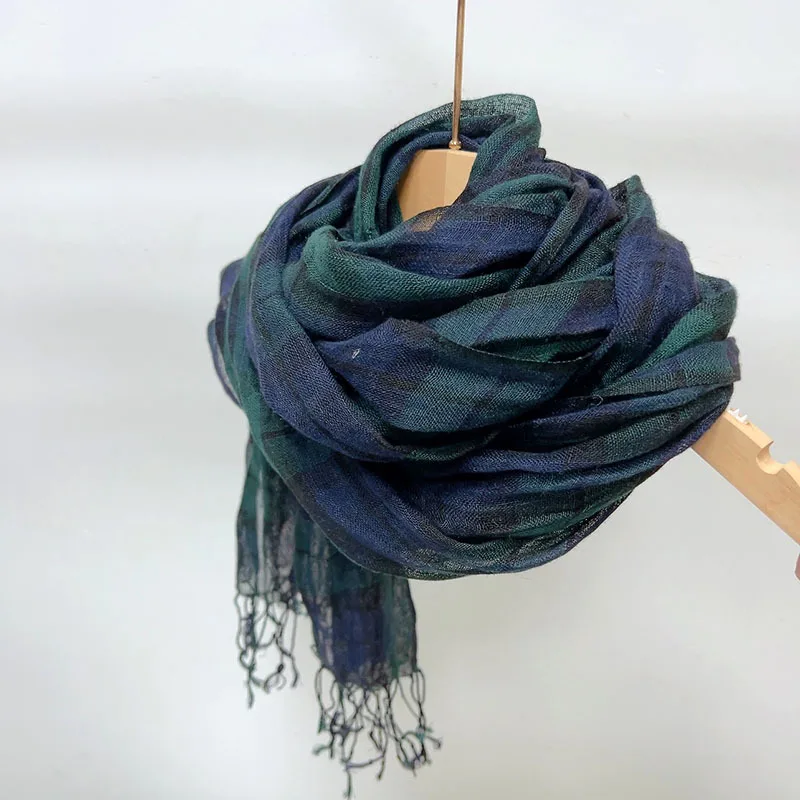 High Quality Pure Linen Lady Scarf Japanese Plaid Retro Green Breathable Shawls and Scarves