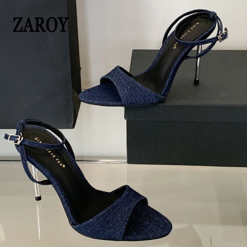 

Summer Designer Brand Sandals Open Toe Ankle Strap Buckle Thin High Heels Navy Blue Stilettos Denim Party Prom Dress Women Pumps