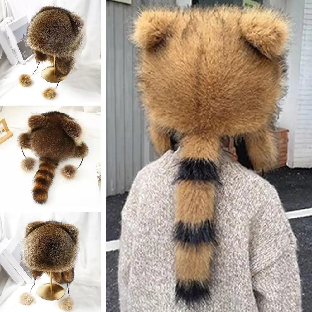 New Lovely Plush Hat For Adult Children Teens Outdoor Commute Windproof Raccoon Tail Hat Russian Winter Keep Warm Hat X0M7