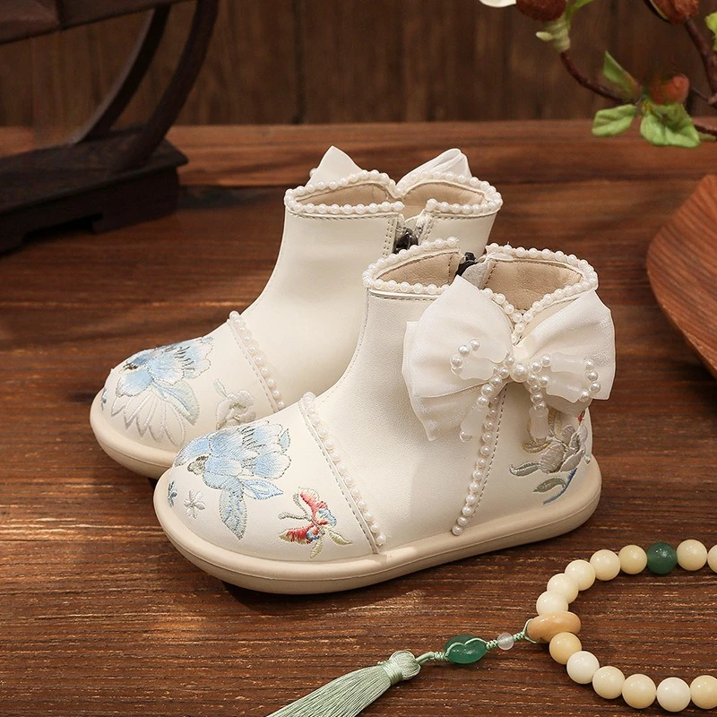 New Girls Ankle Boots Sweet Bowknot Children's Embroidered Short Boots Elegant Hot Sale National Style Kids Princess Hanfu Boots