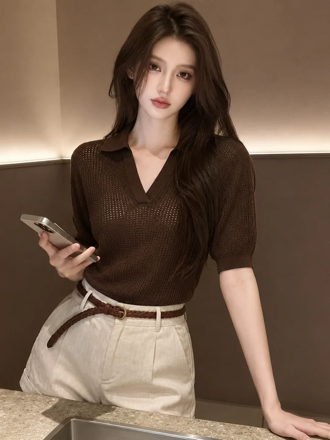 

Elegant Style Ice Silk Knitted Short Sleeve Hollow out Slimming Fashion Top Collared Summer Sun Protection Clothes for Women