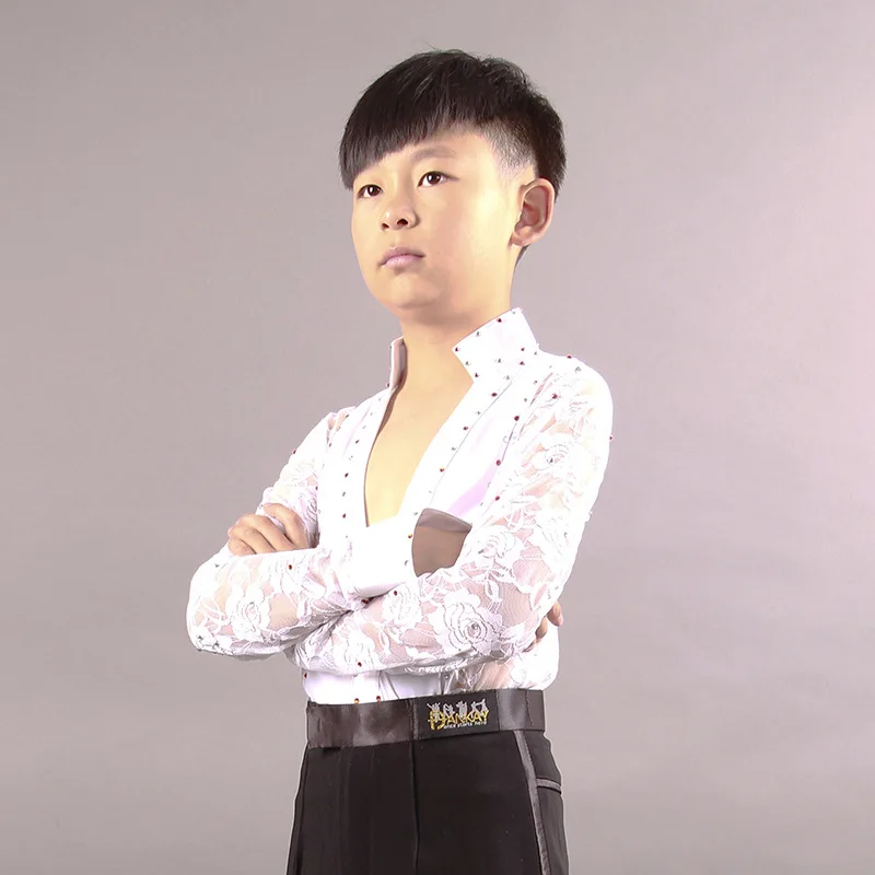 أطفال بنين اللاتينية الرقص الدانتيل أبيض وأسود الملابس الرقص الفالس قاعة الرقص الملابس أداء القمصان الملابس أعلى السراويل