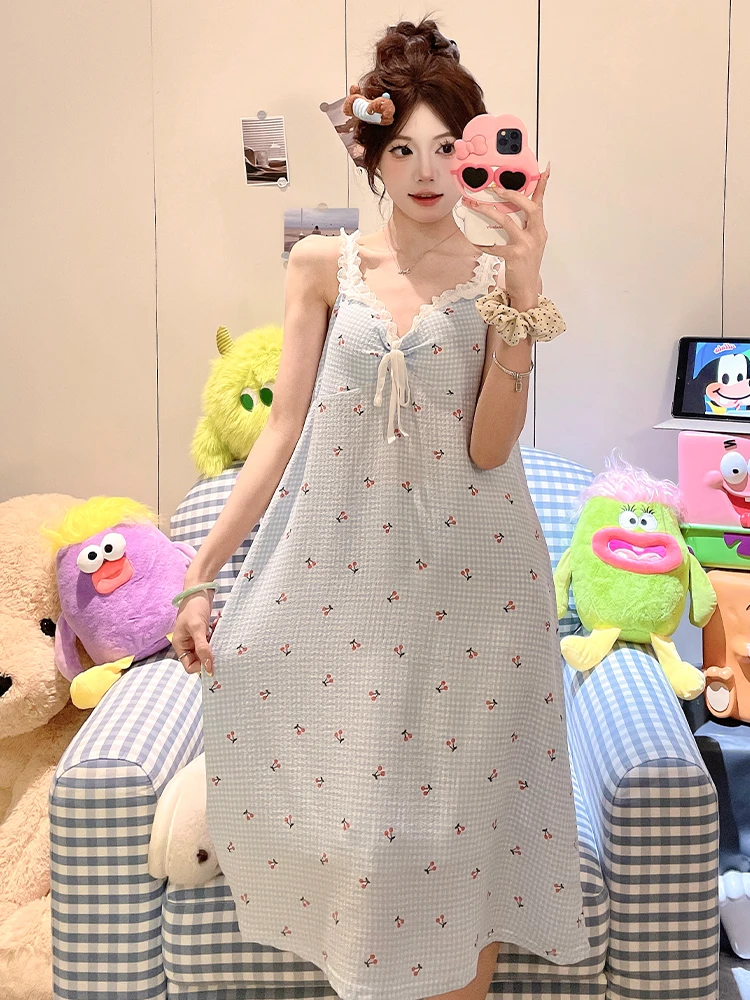 DAIMELU sleepwear girl nightdress women summer with chest pad sexy bud edge sweet blue nightgown thin pajamas loungewear nighty