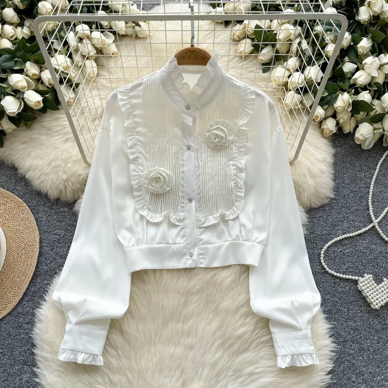 Elegant White Shirt Female Office Clothes New 3D Flower Fungus Edge Stand Collar Slim Short Bright Silk Long Sleeved Tops Women