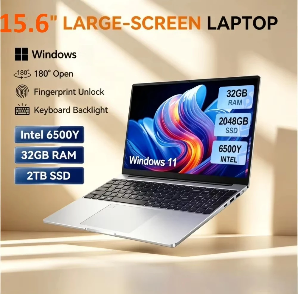 Large-Screen 15.6Inch Laptop 32GB RAM 2TB SSD Intel 6500Y Office Windows Notebook 5000mAh Gamer PC with Backlit Fingerprint