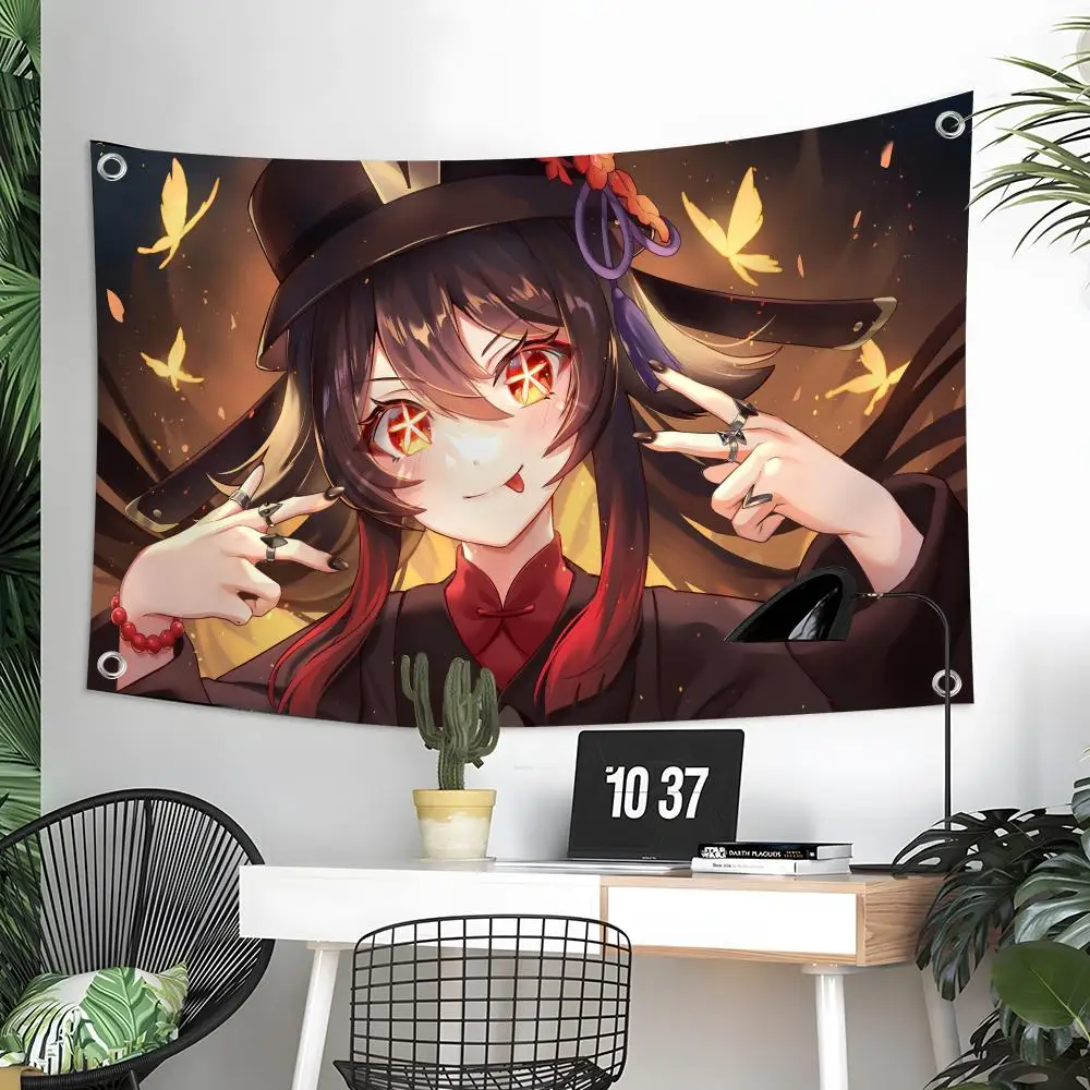 Genshin Impact Hu Tao Flags Custom Wall Hanging Background Art Banner For Bedroom Home Living Room Outdoor Decor