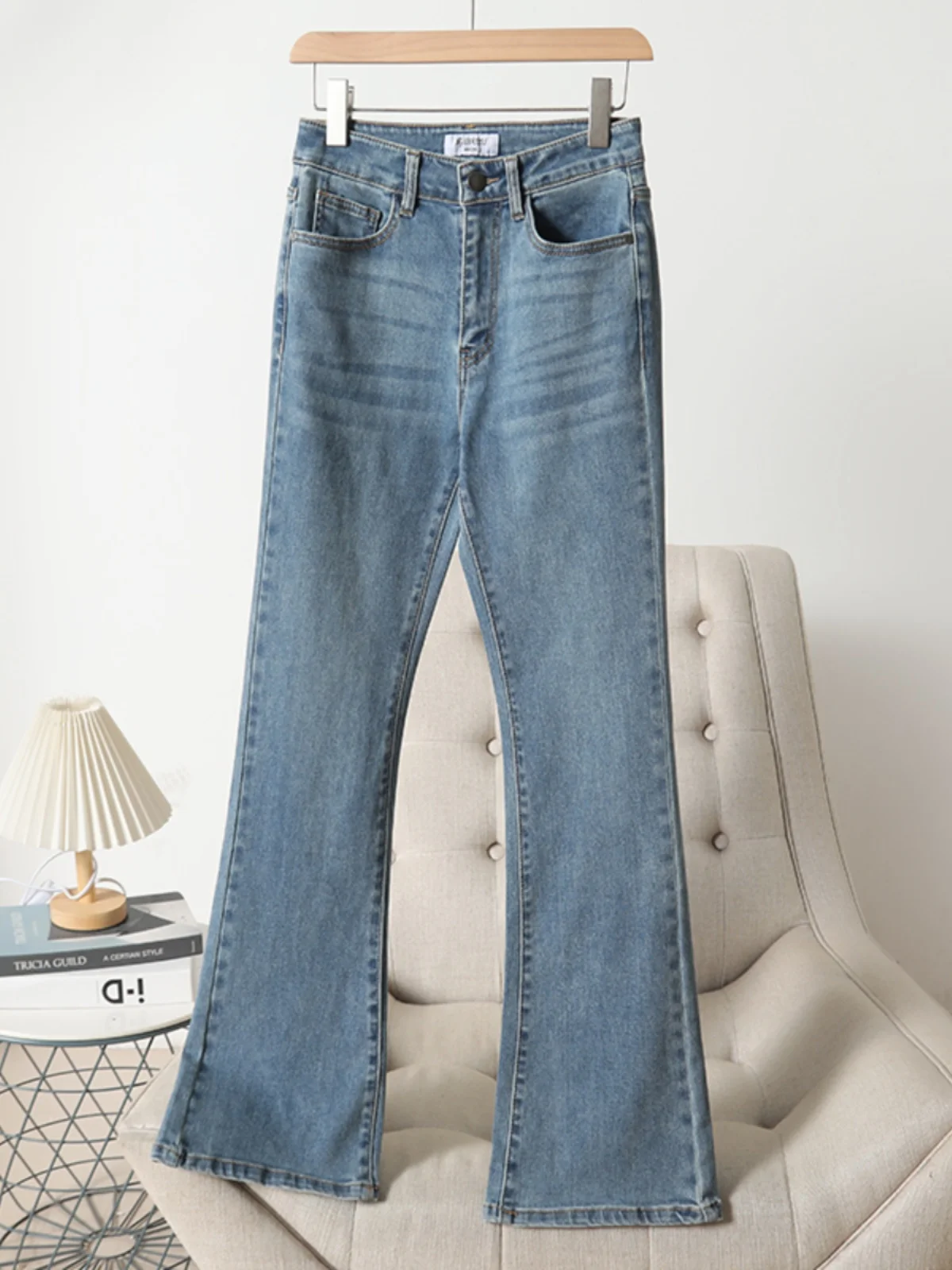 

Утягивающие джинсы-колокольчики с высокой талией, женские джинсовые брюки, эластичные винтажные длинные брюки, осенняя мода по DELUESTU