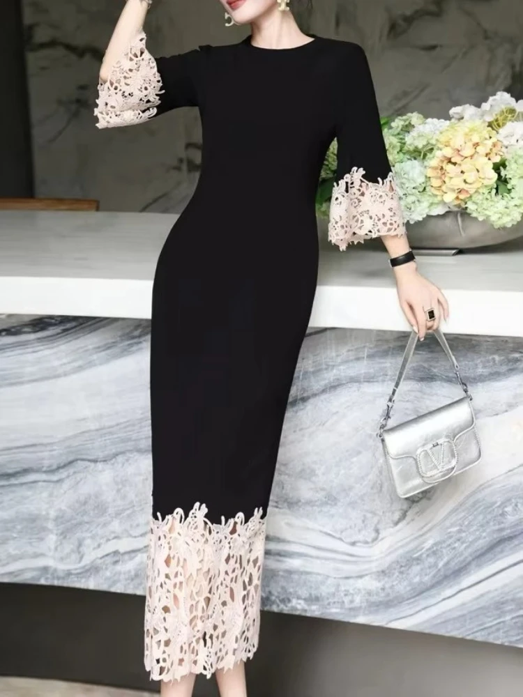 فساتين سهرة أنيقة برقبة دائرية وأكمام 3/4 فستان طويل مثير للمشاهير رائع عالي الجودة للحفلات الراقصة للنساء حسب الطلب