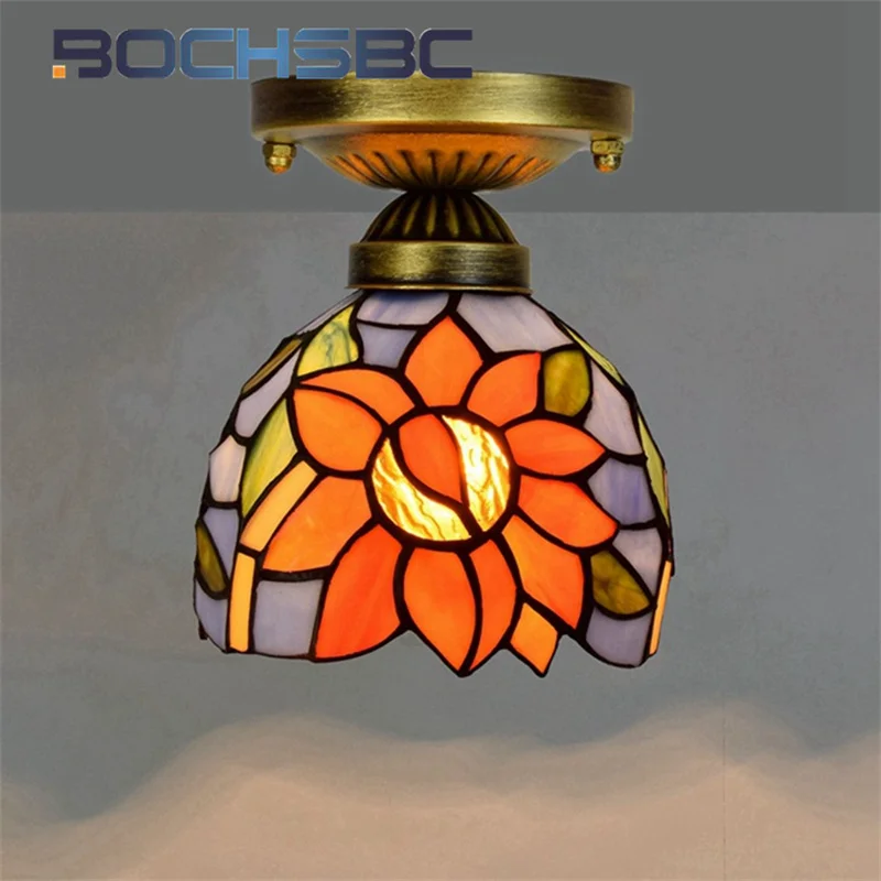 BOCHSBC Tiffany style stained glass 6 inch pastoral blue sunflower ceiling light for bedroom hallway hallway balcony LED decor