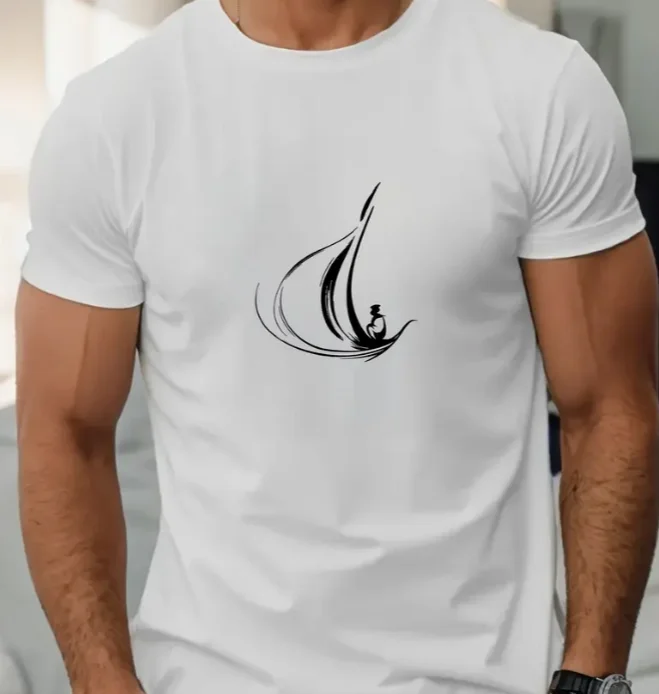Men Summer Casual Round Neck Short Sleeve T-Shirt Cotton Sailing Boat Graphic Regular Fit Stretch Knit Fabric Men Clothing