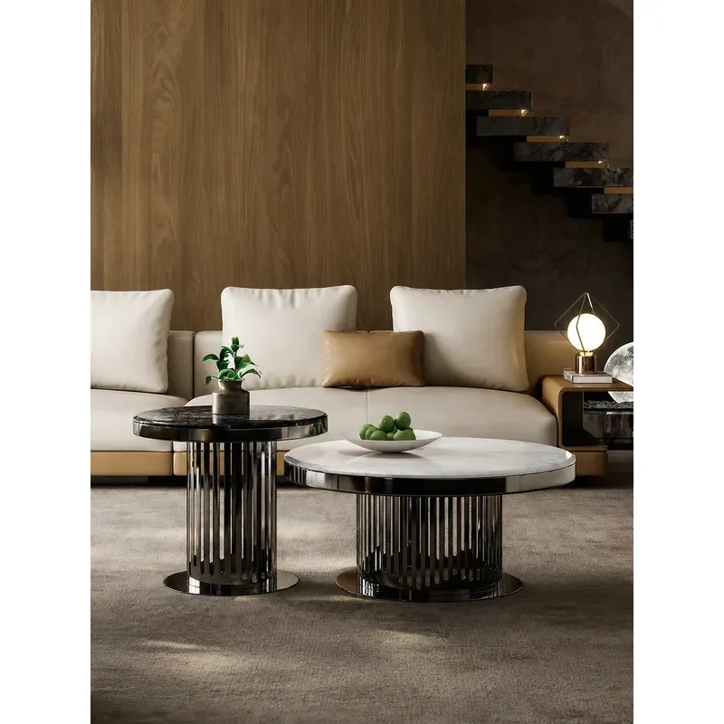 Modern Minimalist Round Coffee Table Set Hollow Stainless Steel Frame Marble Top Light Luxury Living Room Furniture
