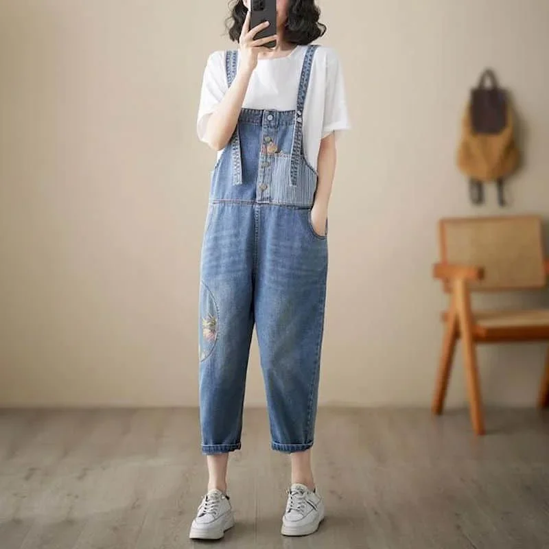 Macacões jeans soltos casuais redução de idade jeans coreano moda vintage luz azul macacão uma peça roupas femininas