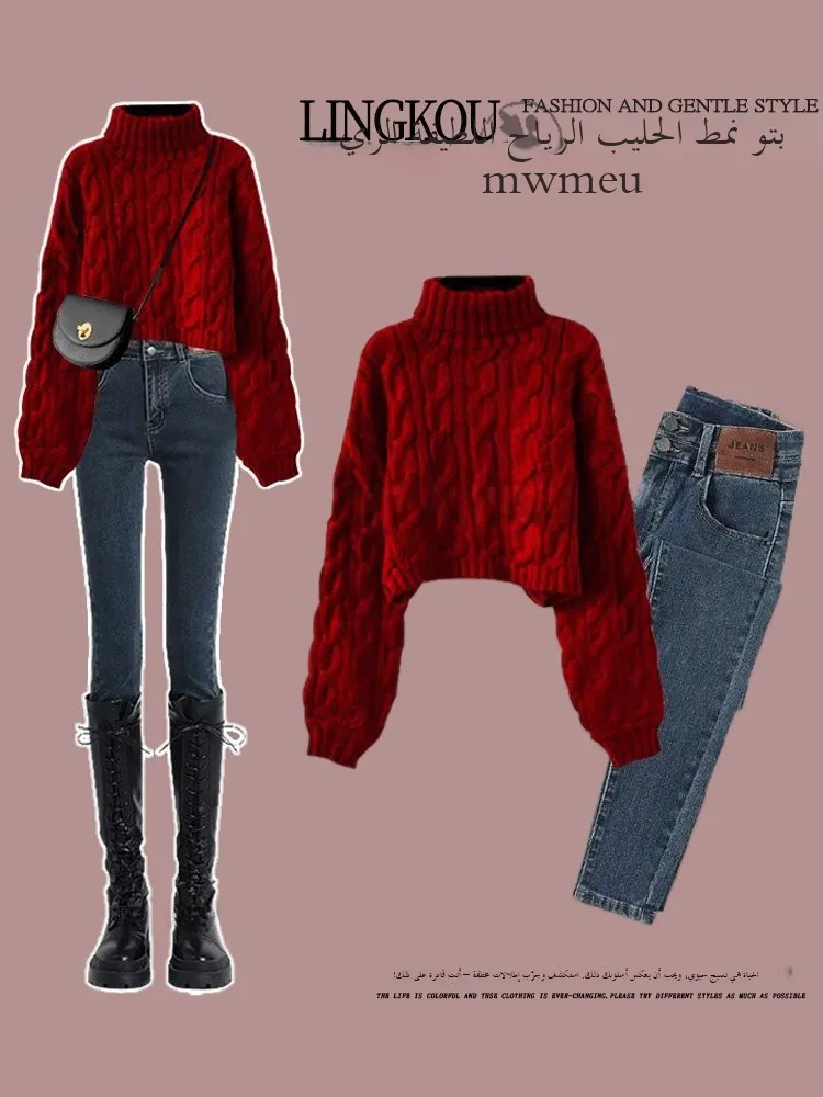 

plus Size Winter Denim Set Women's Slimming Concealing Red Christmas New Year Sweater Jeans Two Piece Set Fashionable High Co...