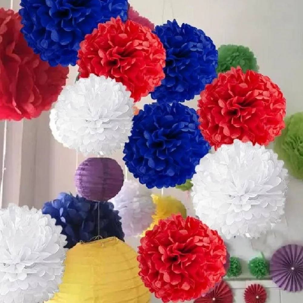 12pcs Red White and Blue Tissue Paper Pom Pom Decoration Set DIY Easy Assembly Hanging Paper Flower Pom Pom