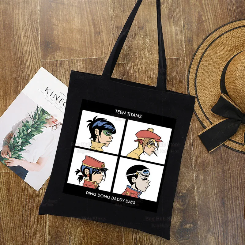 Gorillaz-Bolsa de compras grande para mulheres, bolsas de pano preto, bolsas de ombro Eco, música moderna, bolsa de compras