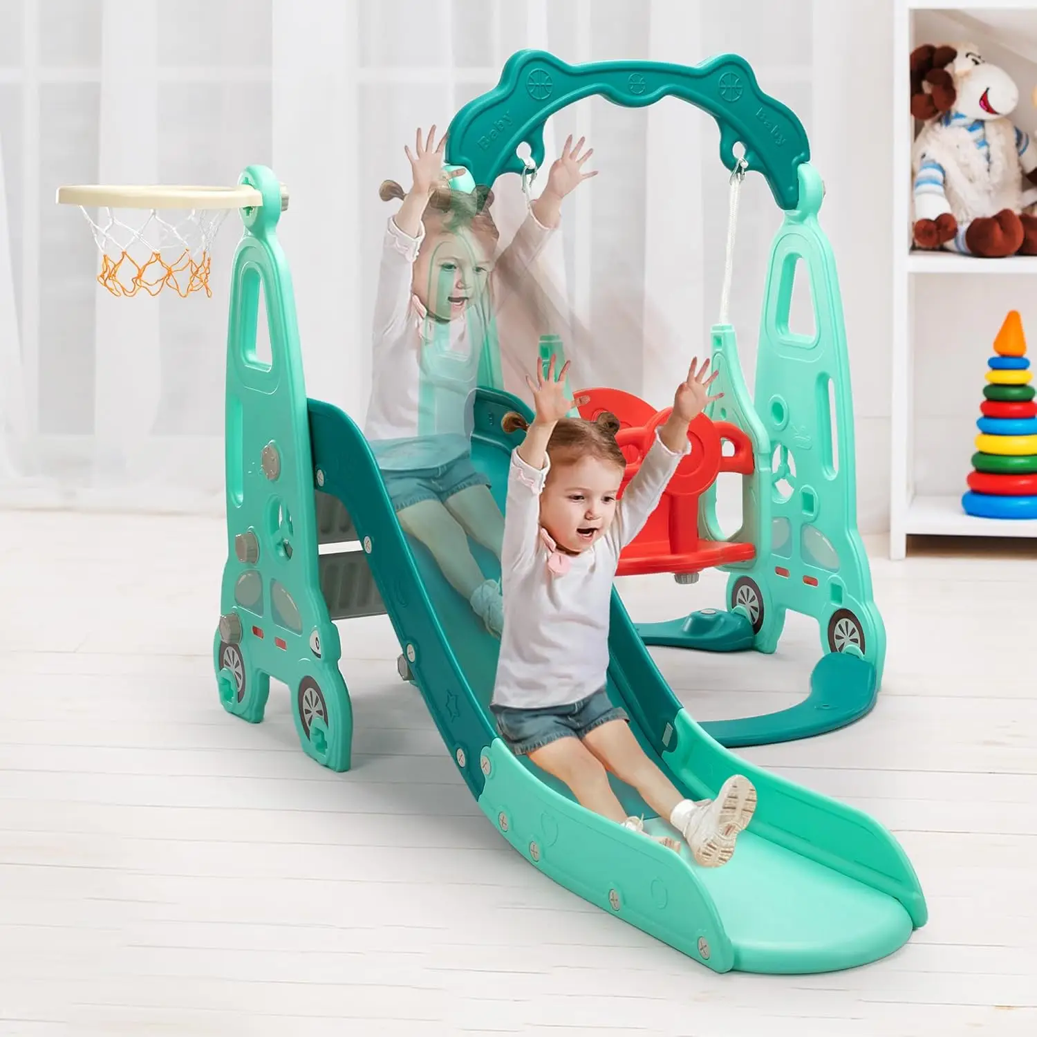 Set altalena per scalatore di diapositive 4 in 1, set da gioco per scalatore di diapositive per bambini indipendente con canestro da basket, parco giochi per bambini all'aperto per interni