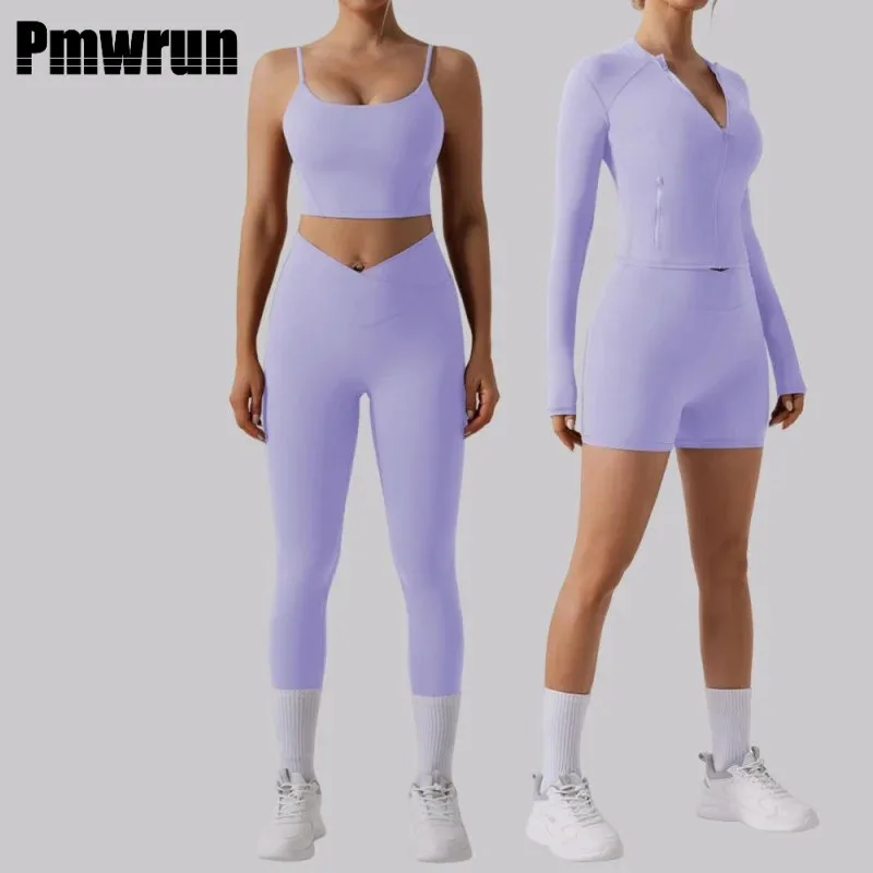 

PMWRUN 2025 Спортивная одежда для женщин Тренажерный зал Красота Назад Йога Костюм Высокая талия Узкая Йога Куртка с длинными рукавами Фитнес Спортивный костюм для женщин