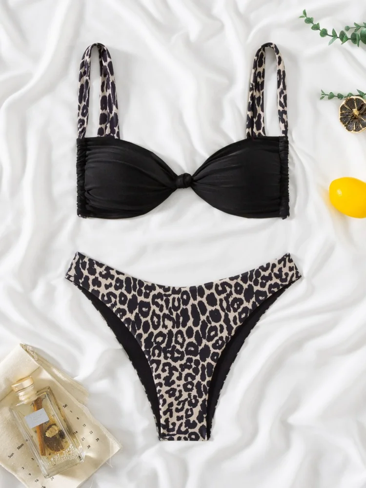 

Bikini Women Swimsuit 2025 New Solid Leopard Sling Bikinis Set Sexy Thong Swimwear Summer Two Piece Beach Bathing Suit Female