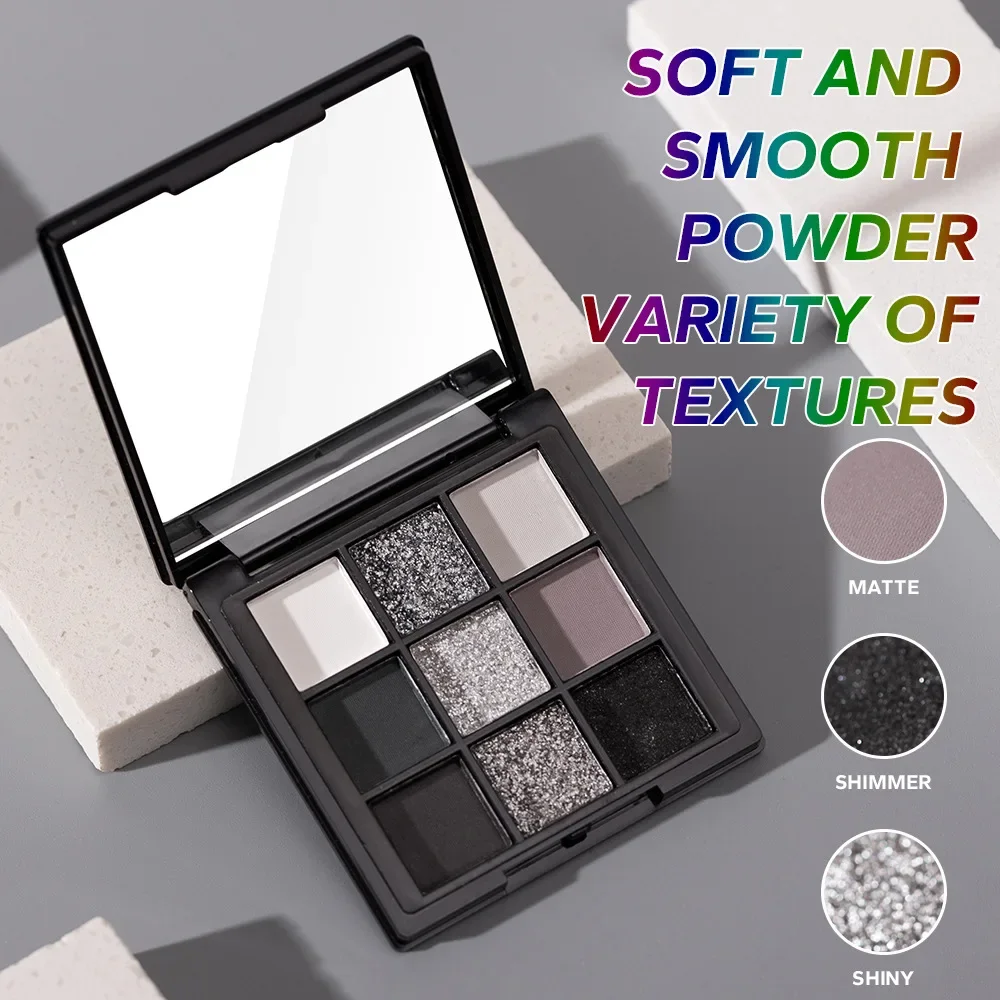 Paleta de sombra de ojos de 9 colores, negro oscuro, gris, plateado, brillo, acabado mate, estilo Smokey, maquillaje de rendimiento para fiesta de escenario