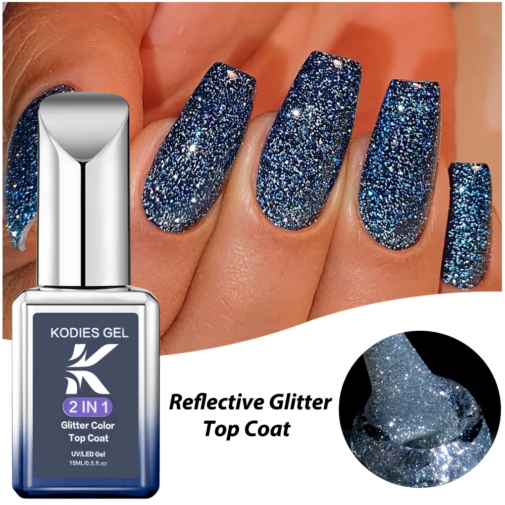 KODIES GEL Reflektierender Gel-Nagellack, Decklack, 2-in-1, UV-Glitzer, funkelnder, reflektierender Gel-Lack, semi-permanente Maniküre für Nägel, Kunst