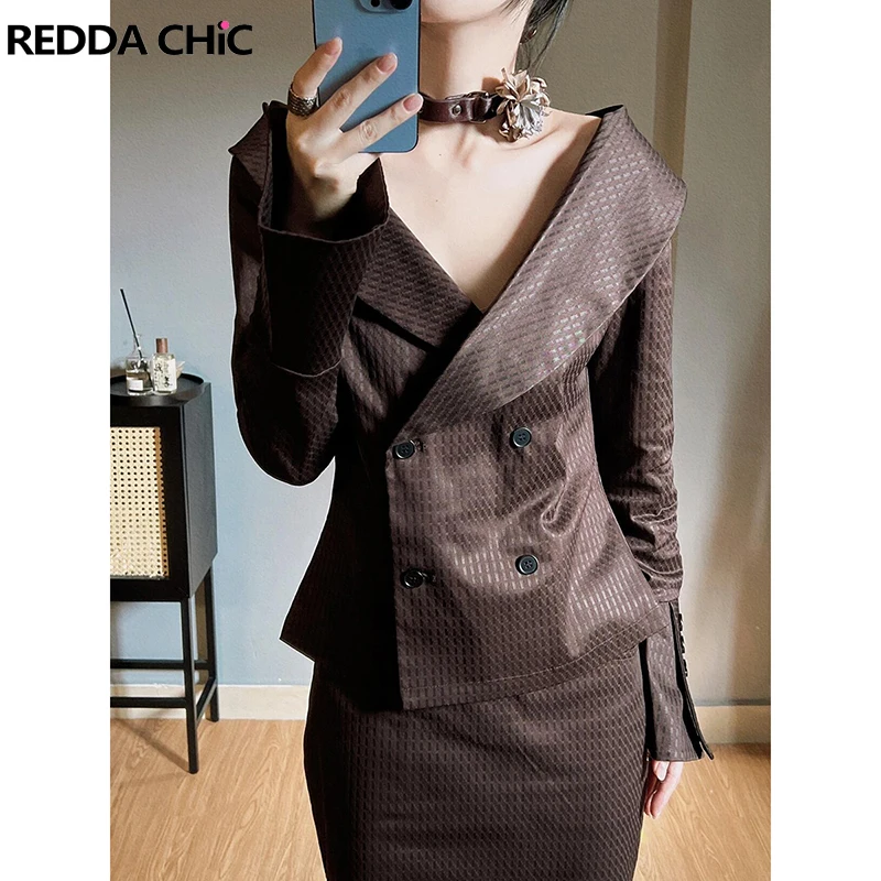 

REDDACHiC Double-breasted Shirt Split Skirt Women Suit Set Lapel Flare Sleeves Textured Top Long Skirt Casual Retro Fall Clothes