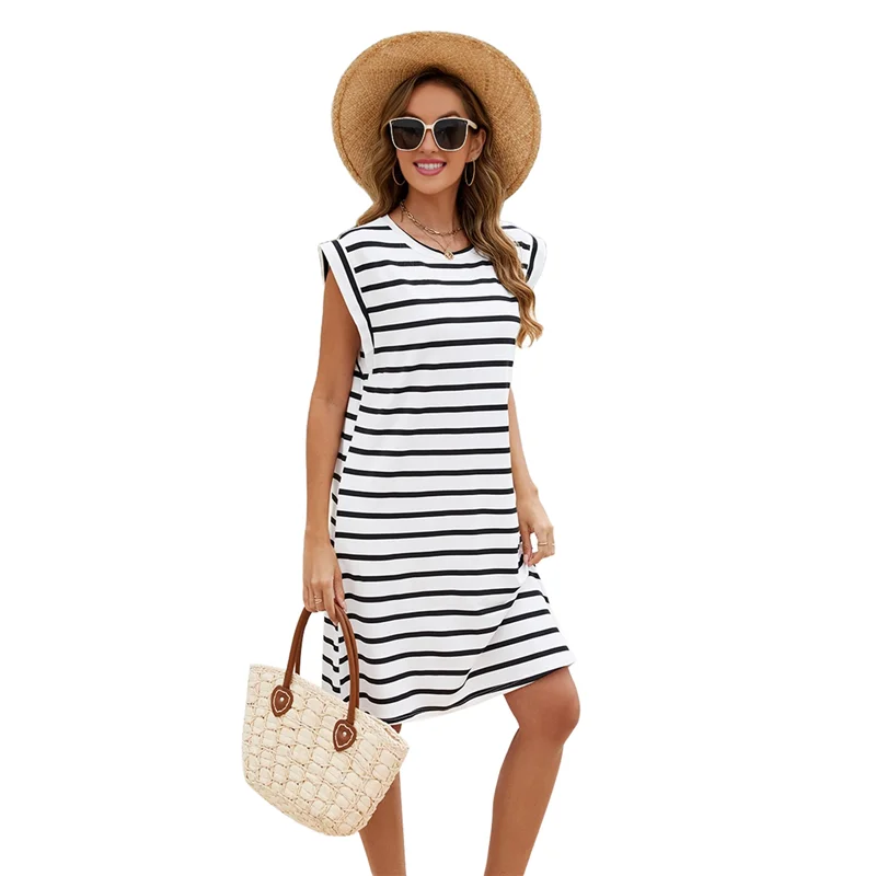 ABRT-robe d'été rayée pour femmes, col rond, manches cape, bloc de couleurs, décontractée, ligne A, t-shirt, 2025