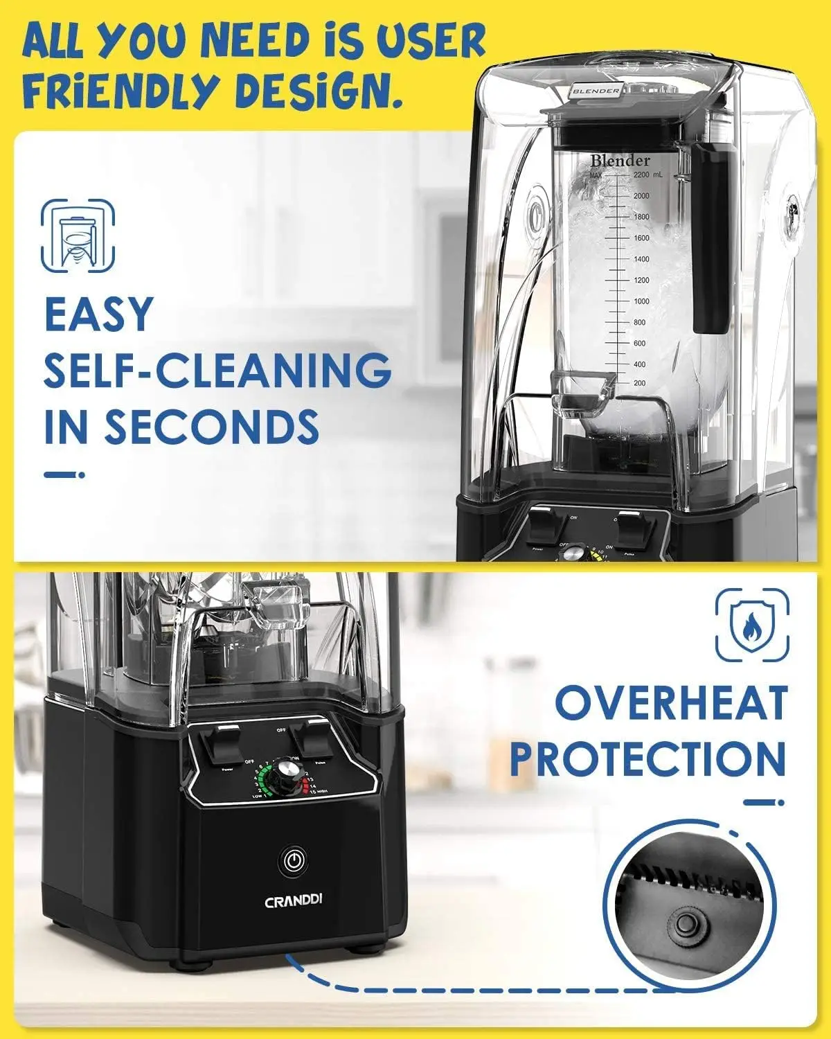 Quiet Commercial Blender with Soundproof Shield, 2200 Watt Professional Blenders for Kitchen with 80oz Jar and Self-Cleaning, Hi