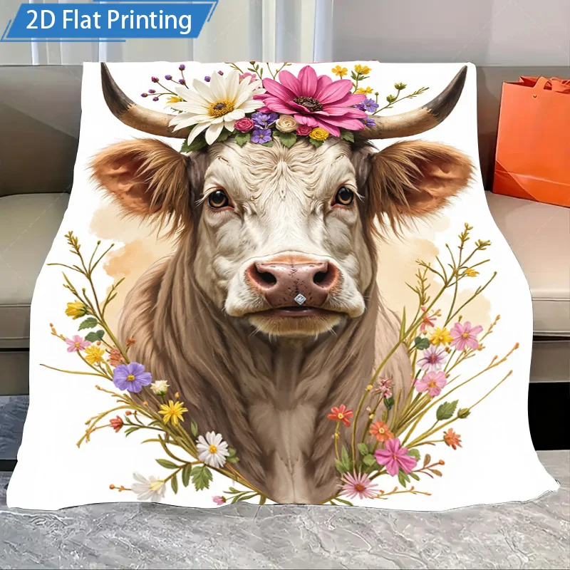 1 шт. фланелевое одеяло с цветочным принтом коровы, мягкое уютное одеяло для домашнего декора, постельные принадлежности в стиле бохо, чехол для гостиной, дивана
