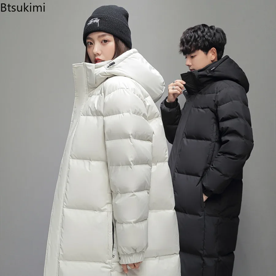 2026 New Men's Down Jackets Fashion Slim Warm Long Cotton-padded Jackets Korean Style Hooded Couple Coats Winter Leisure Parkas