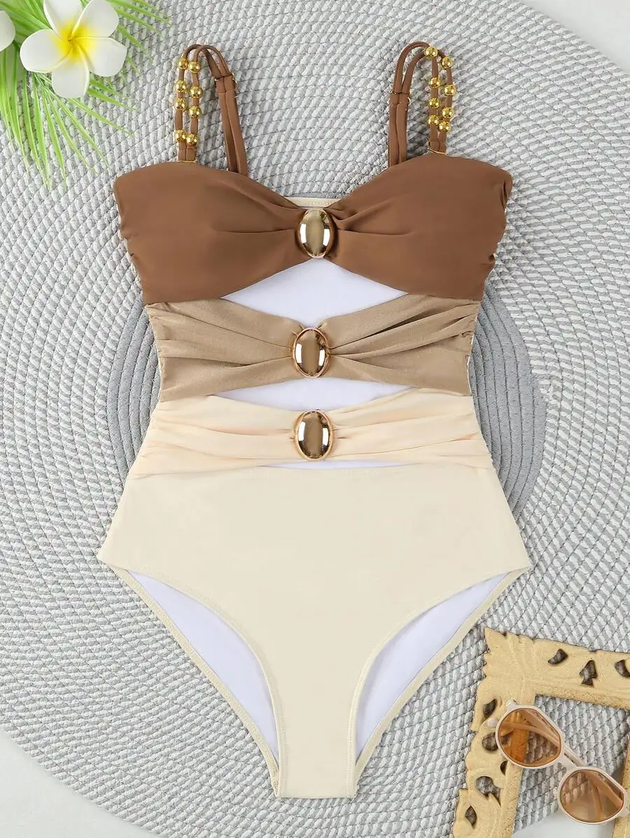 

Womens Hollow-Out Color Block One-Piece Swimsuit With Decorative Buckles