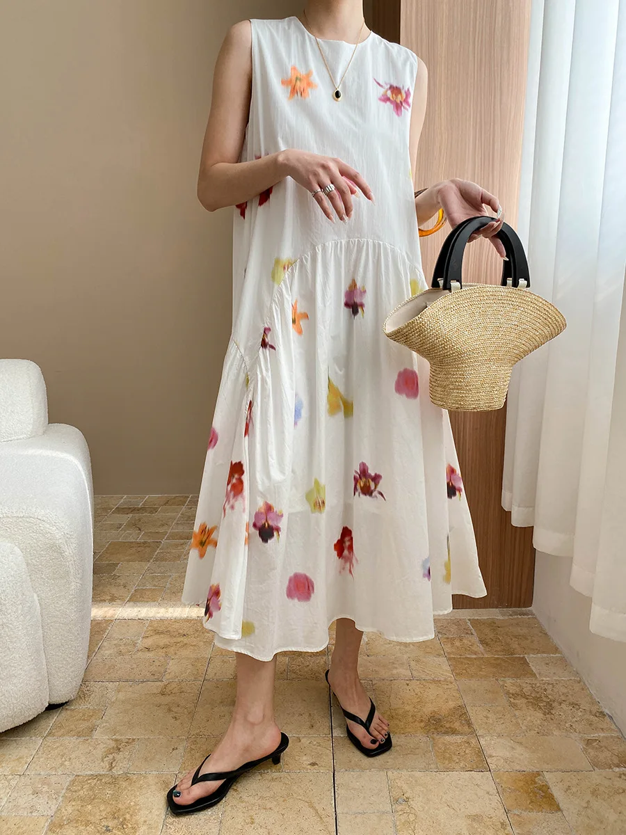 

2025 Summer Women's Dress Boho Floral Print Round Neck Sleeveless Midi Dresses Casual Beach Holiday Dress