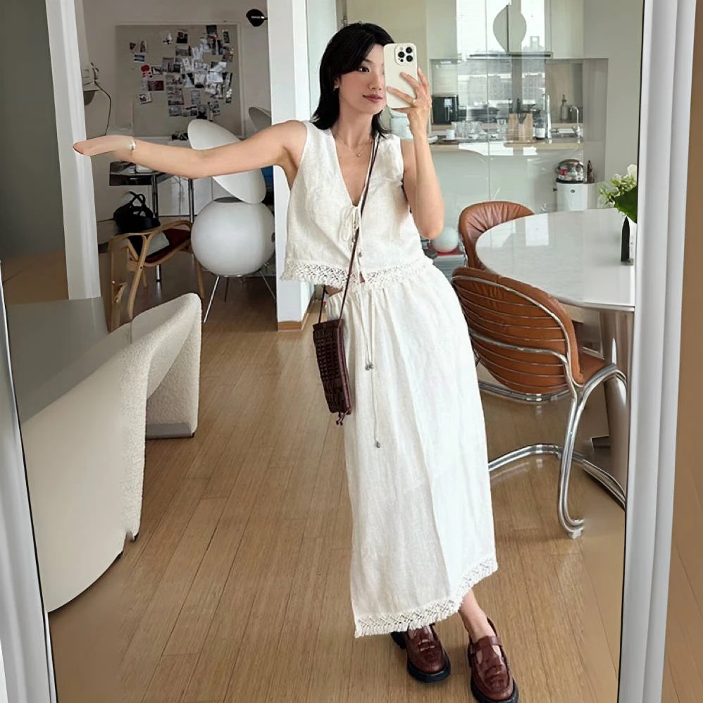 

Summer 2024 Savi Private Label Set Texture Tassel Vest Midi Skirt Long Dress in Beige Cotton French Style Button up V Neck