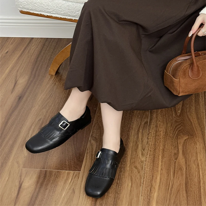 

Woman Loafers High Quality Genuine Leather Fringe Flats Shoes Retro British Style Buckle Flat Shoes Feminino Zapatos Mujer