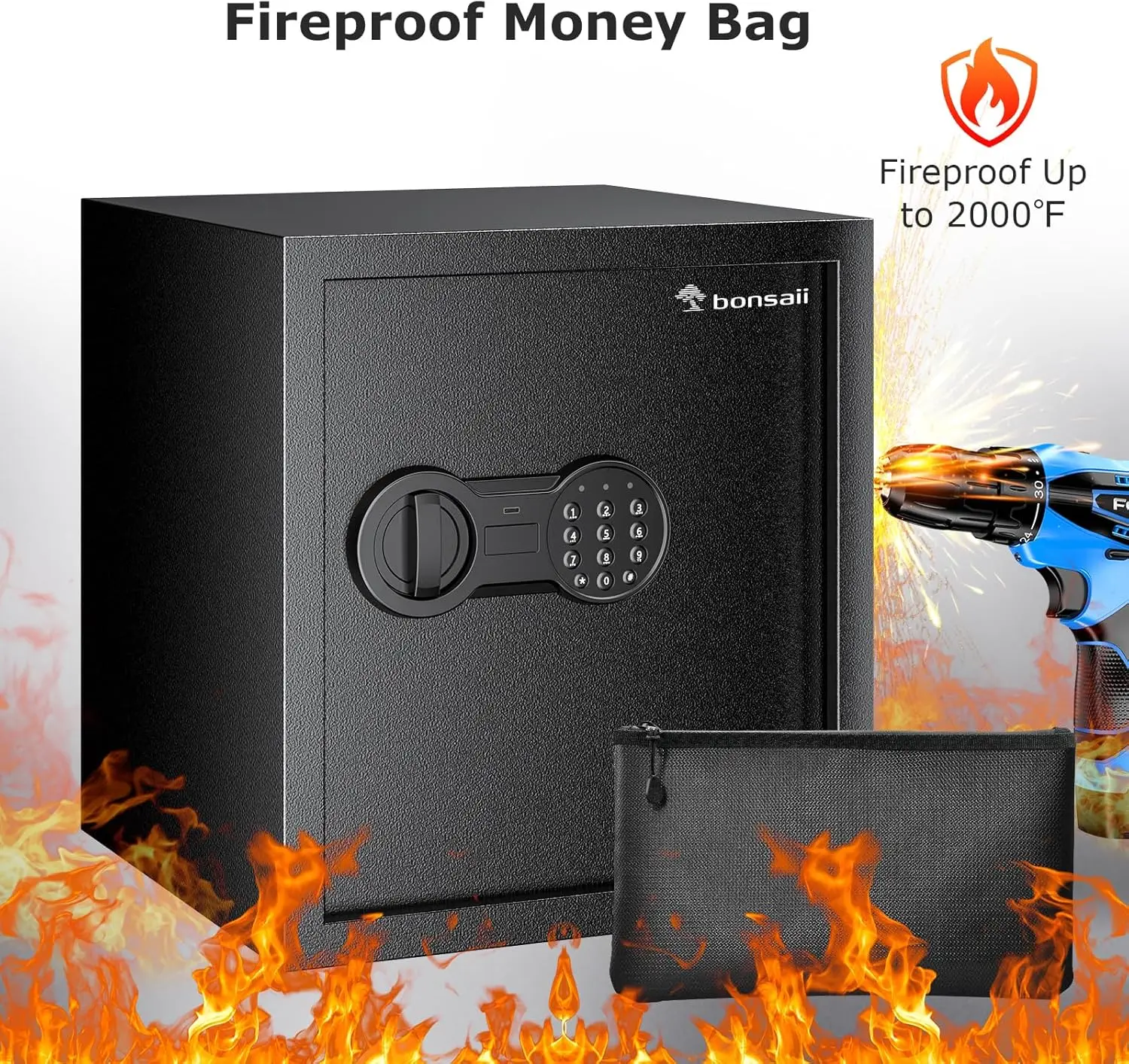 Fireproof Safe Box for Home 1.28 Cubic Feet Security Safe Box with Fireproof Money Bag Digital Keypad Lock Removable Shelf