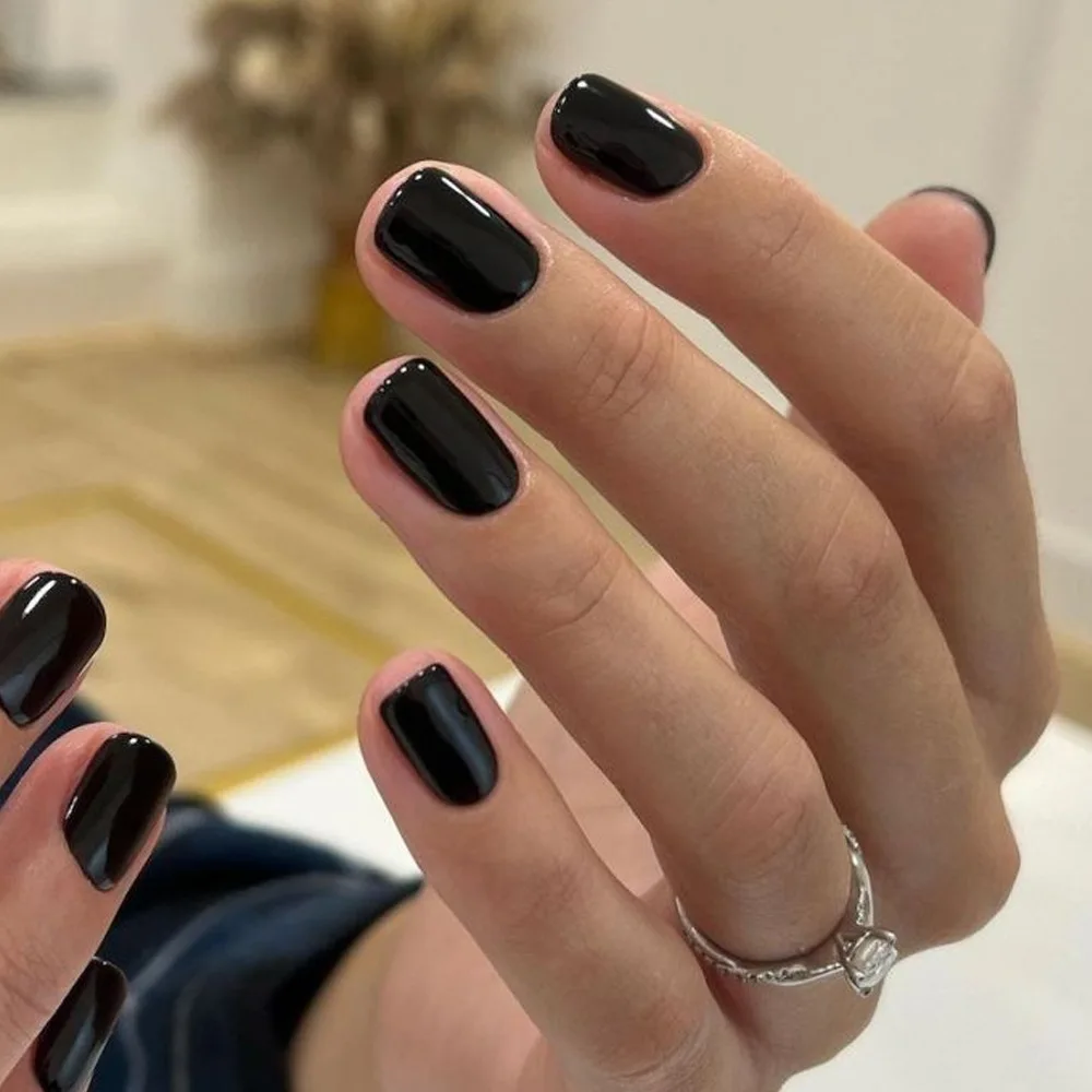 Black Press on Nails with Sticky Tabs Short Square False Nails Tips Solid Color Full Cover Wearable Fake Nails for Women 24Pcs