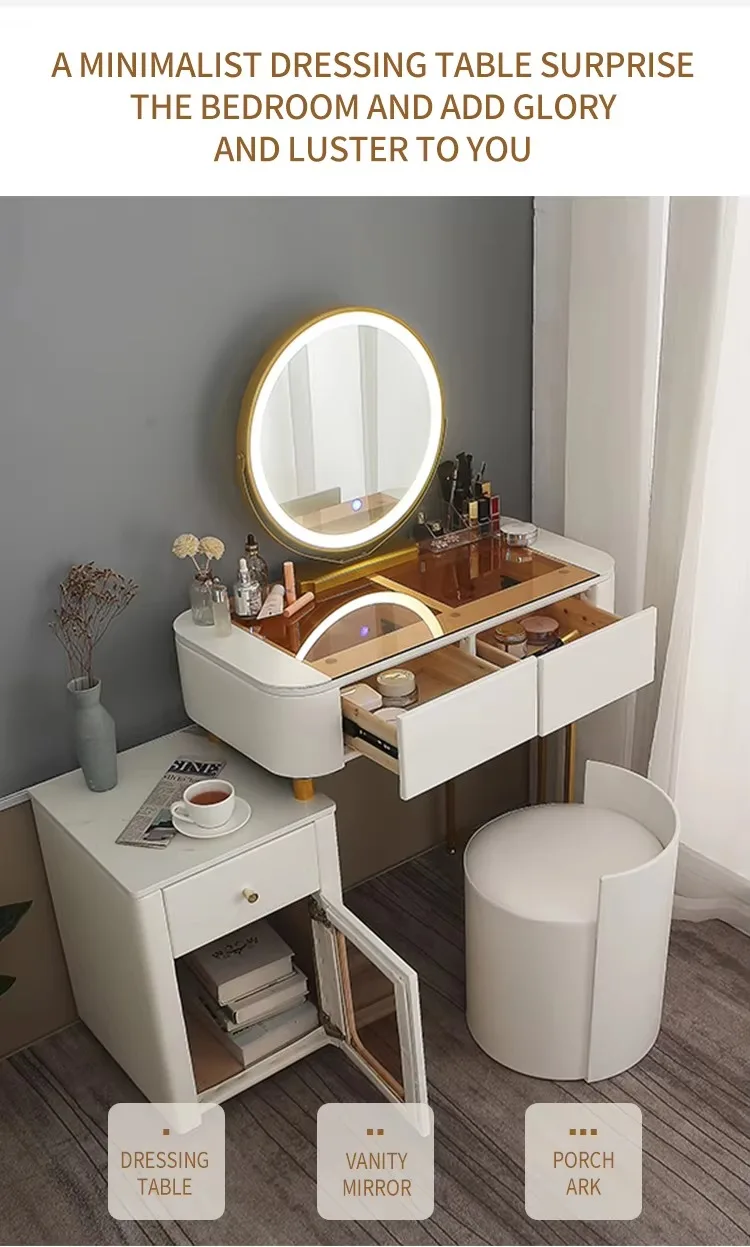 3-Color touchscreen dresser expandable dresser silicone leather dresser makeup dresser set with mirror and lamp