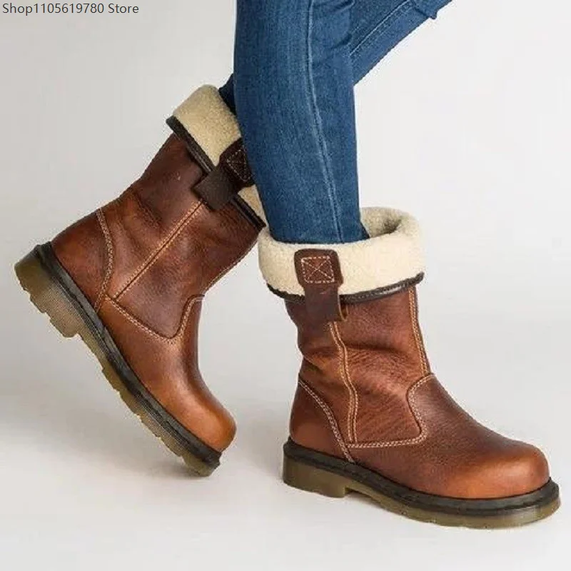Men's Brown Leather Slouchy Boots Faux Fur Cuff Rubber Sole Lined Warm Casual Style for Winter Daily Leisure Fashion Outfits 4