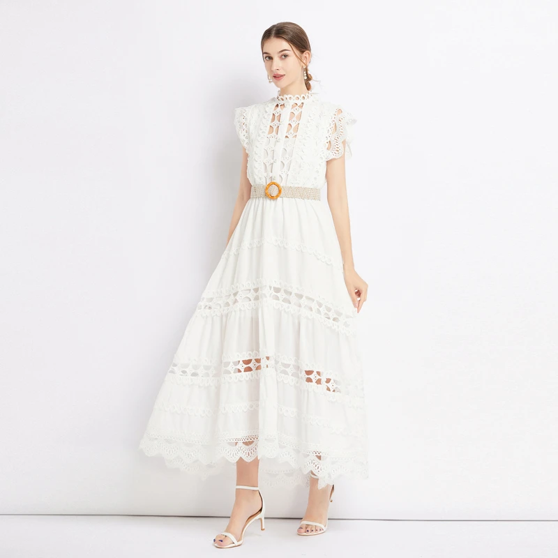 Runway Crochet Hollow Out Midi Lace Dress per le donne 2024 Summer senza maniche ricamo Party Dress elegante Holiday Robe
