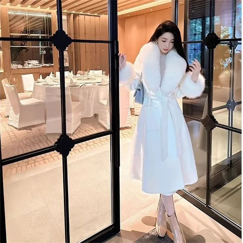 2024Winter New Temperament Famous Lady Waist Coat Mid Length Knee-high Fashion Imitation Big Fox Fur Collar Woolen Jacket Woman