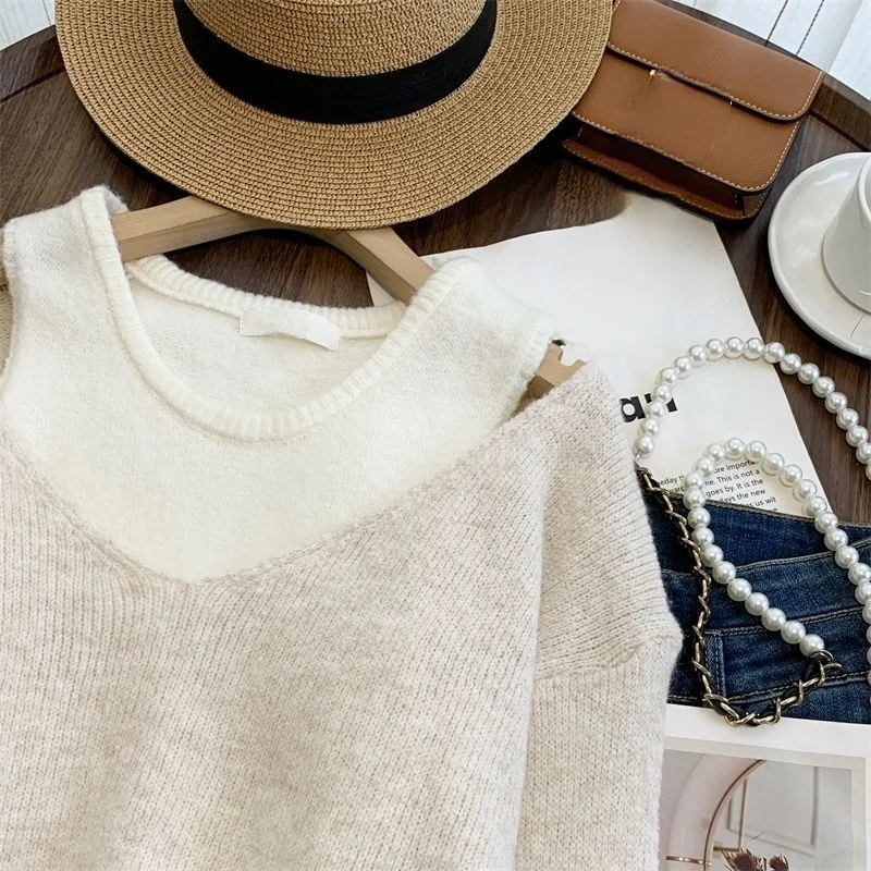 Soft Lazy Style Autumn Winter New Women's Off Shoulder Sweater Two Piece Set Loose Outer Layered Knit Top
