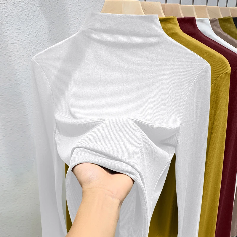 

Женская футболка Ele Long Sve, весенне-осенняя облегающая футболка с высоким воротником, корейская версия, чистый цвет