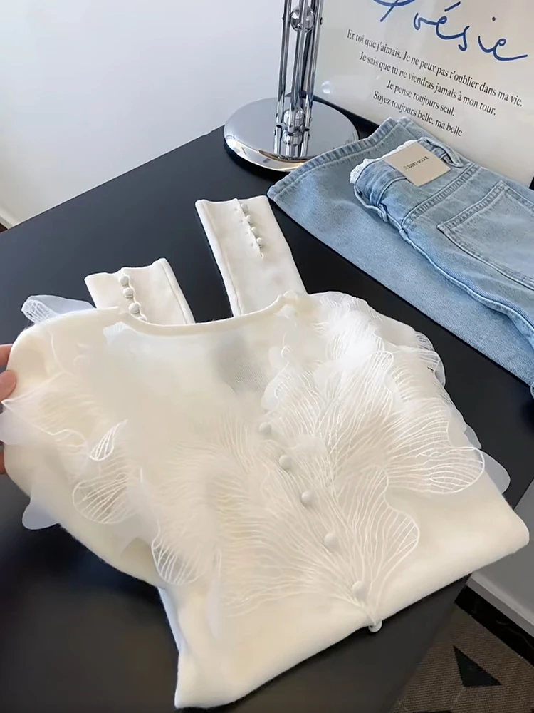 

Heavyweight V-neck Lace Splice Knitted Top Women Early Autumn New Slim Fit Inner Wear Base Shirt Commute Style Long Sleeve