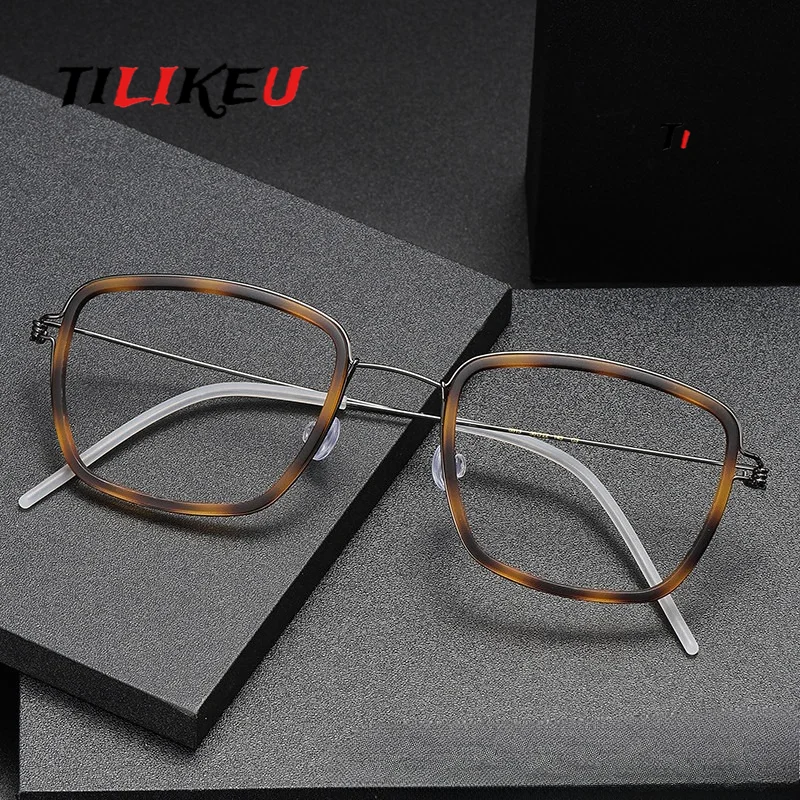 Denmark Lightweight Pure Titanium Square Screwless Eyeglasses Large Face Retro Tortoiseshell Frame for Men No Rust & No Tarnish