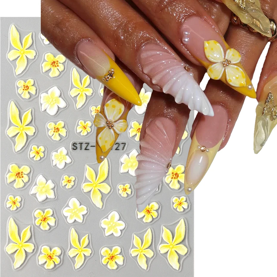 2 pezzi 3D Frangipani Fiore Decalcomania per unghie Fiori gialli Petali Fiore Nail Art Sticker 5D Adesivo Slider Foil Decorazioni per manicure