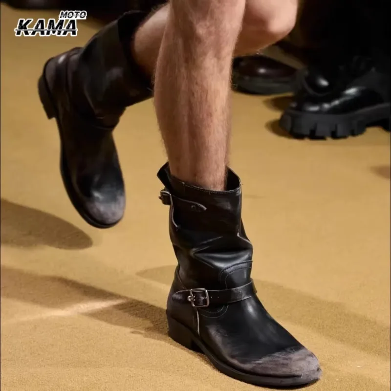 Retro American Western Cowboy Boots Handmade Aged Coloring Ort Chelsea Riding Boots Ex Youth Leather Patchwork Botas Moto
