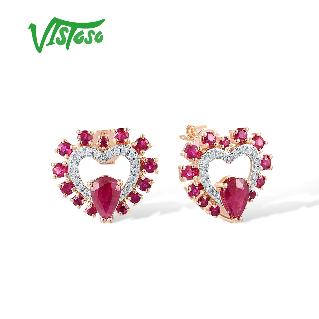 VISTOSO Authentic 14K 585 Rose Gold Stud Earrings For Women Sparkling Natural Diamonds Ruby Heart Shaped Cute Fine Jewelry