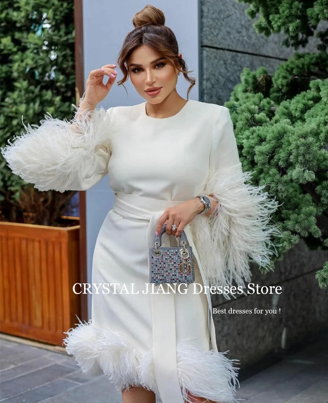 Short O Neck Crepe Evening Dressesفساتين السهرة Full Sleeves with Feathers Sheath Tea Length vestidos de gala mujer