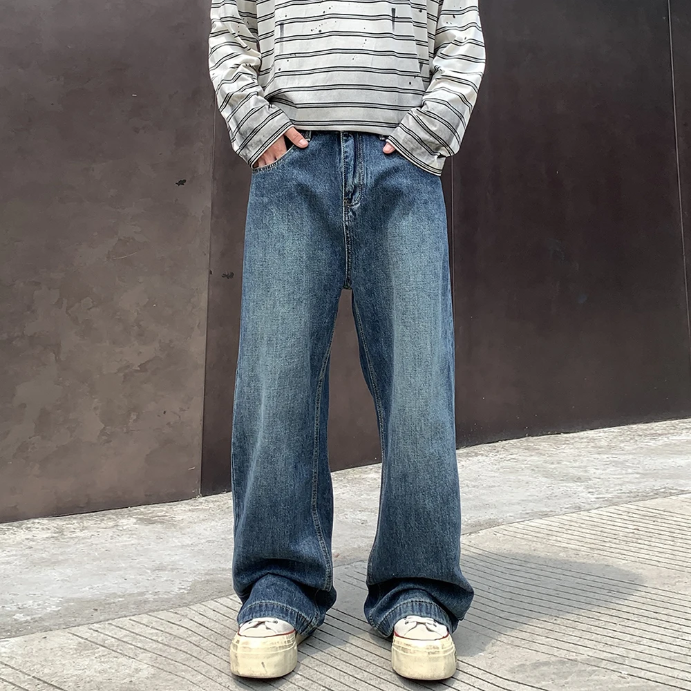 Vaqueros americanos retro azules para hombre, pierna recta, corte holgado, pierna ancha, versátiles, informales y de moda, con una sensación colgante y relajada